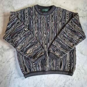 VTG TUNDRA Canada Sweater Crew Neck Gray 3D Chunky Knit 90s Coogi Style LG